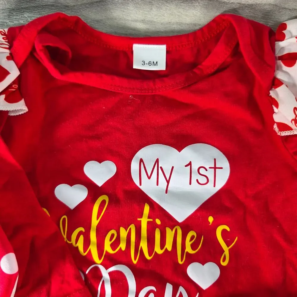 My 1st Valentine's Day Outfit Set Red White Hearts Shoes Bow 3-6M 5 Pc